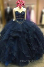 Beaded Sweetheart Organza Ruffle Snavy Blue Quinceanera Dresses Ball Gowns