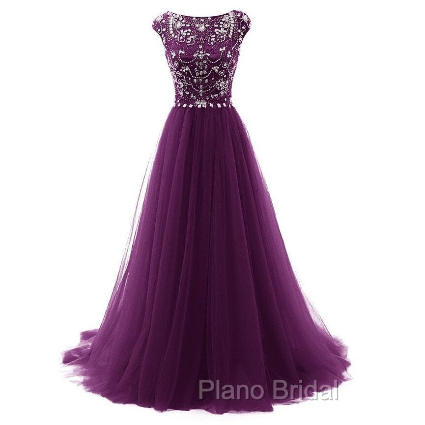 Beaded Tulle Long Party Gown, Tulle Cap Sleeves Formal Dresses Secondary image