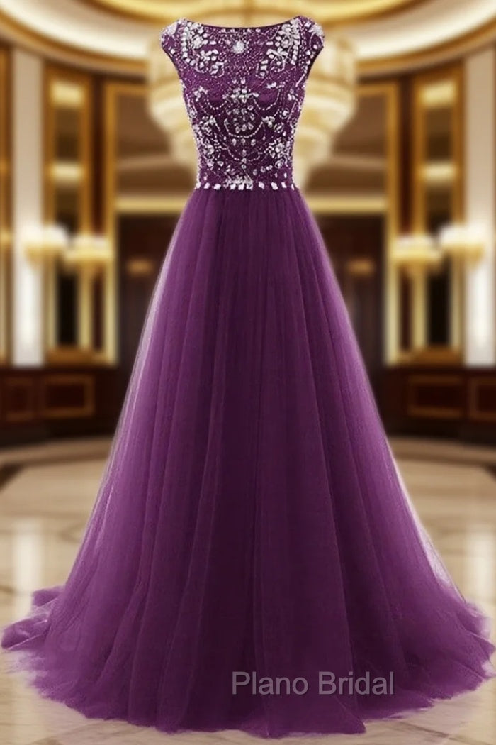 Beaded Tulle Long Party Gown, Tulle Cap Sleeves Formal Dresses