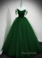 Beaded Tulle Off Shoulder Long Party Dresses Tulle A-Line Formal Prom Dresses Ball Gown Quinceanera Dresses