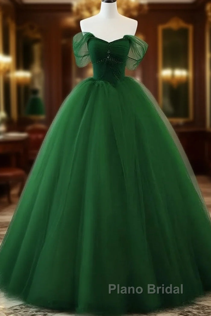 Beaded Tulle Off Shoulder Long Party Dresses Tulle A-Line Formal Prom Dresses Ball Gown Quinceanera Dresses Main image