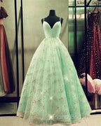 Beaded Tulle Formal Prom Dresses Ball Gown Plunge Neck