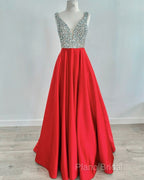 Beaded V Neck Long Satin Violet Formal Prom Dresses
