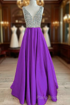 Beaded V Neck Long Satin Violet Formal Prom Dresses