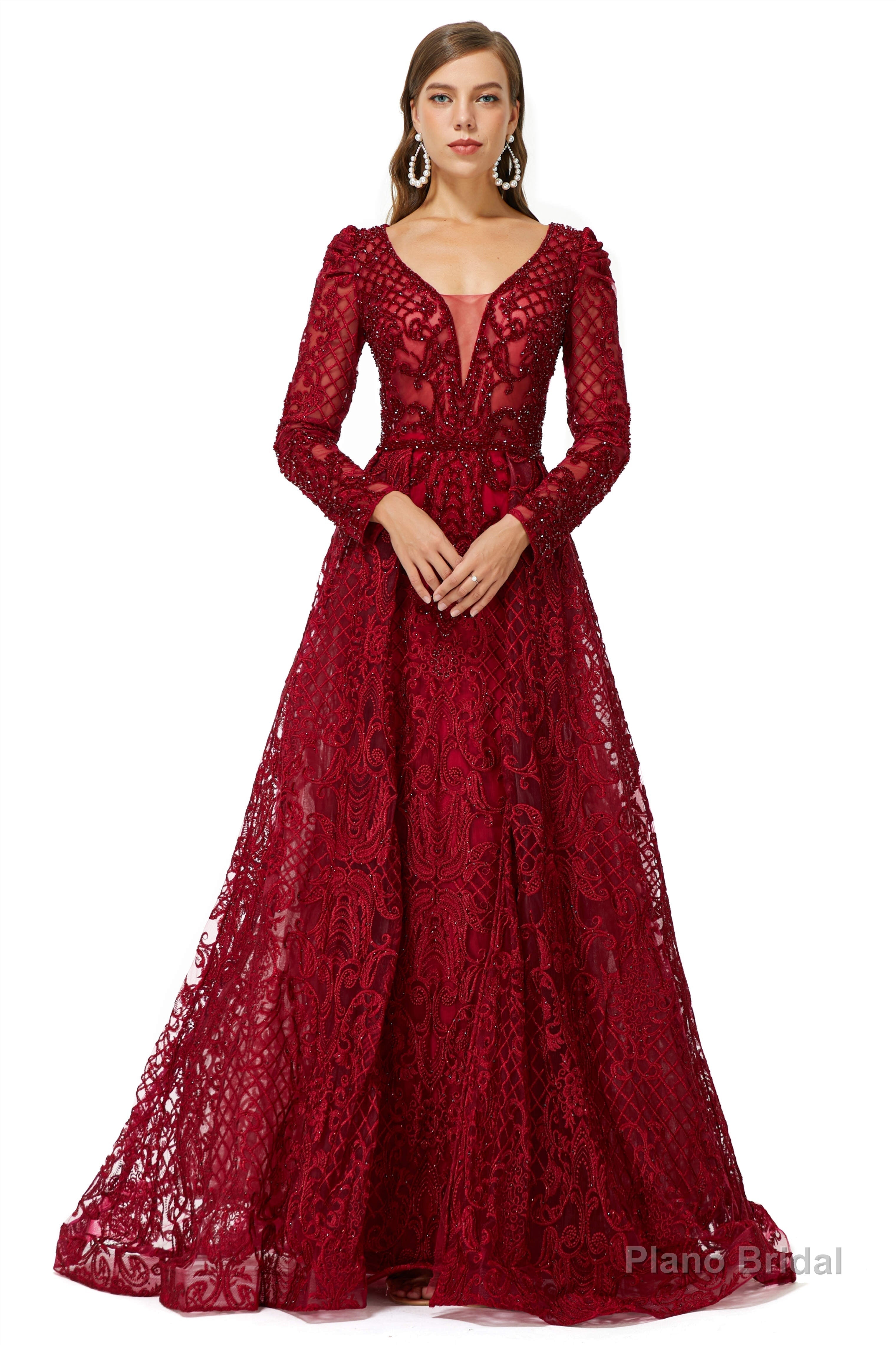 Beaded Wine Red Long V neck Sleeves Prom Dresses Main image