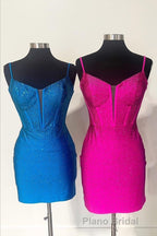 Royal Blue Beaded Sheath Deep V Neck Homecoming Dresses