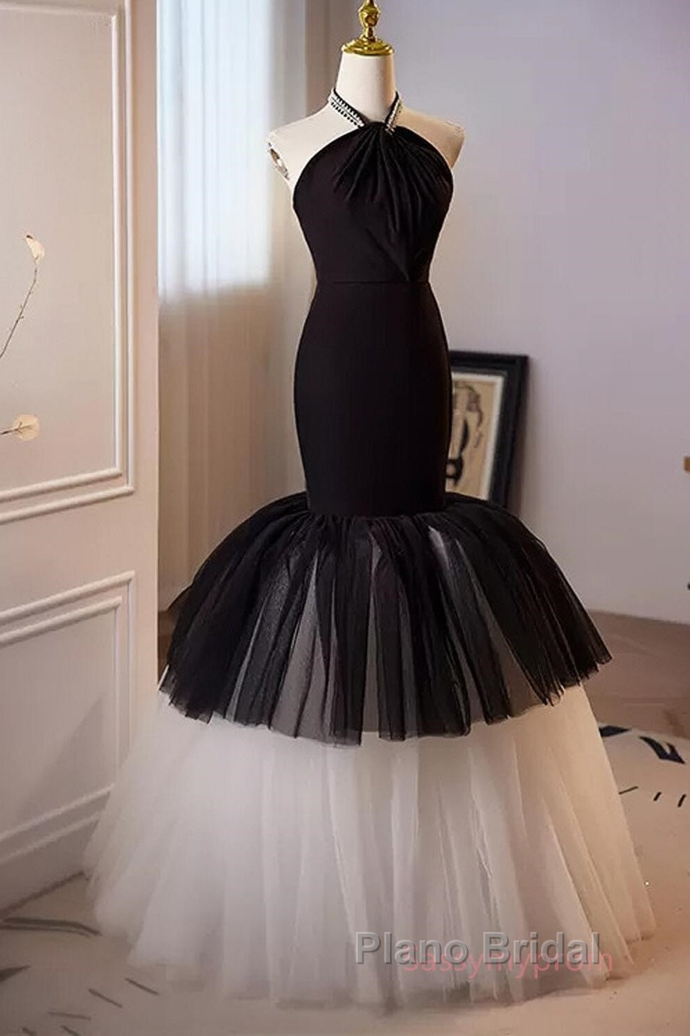 Beading Mermaid Black And White Halter Tulle Formal Prom Dresses Secondary image
