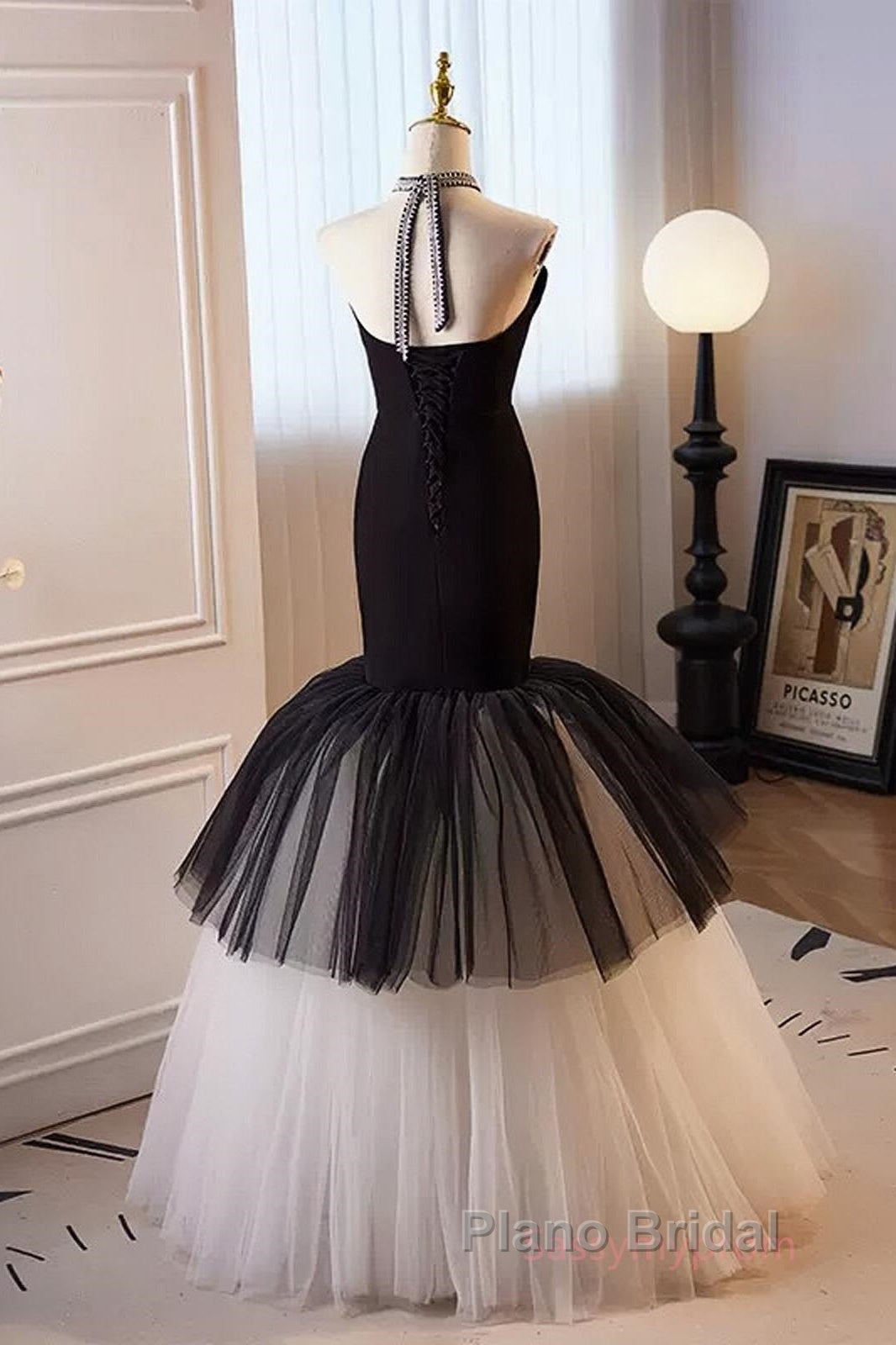 Beading Mermaid Black And White Halter Tulle Formal Prom Dresses