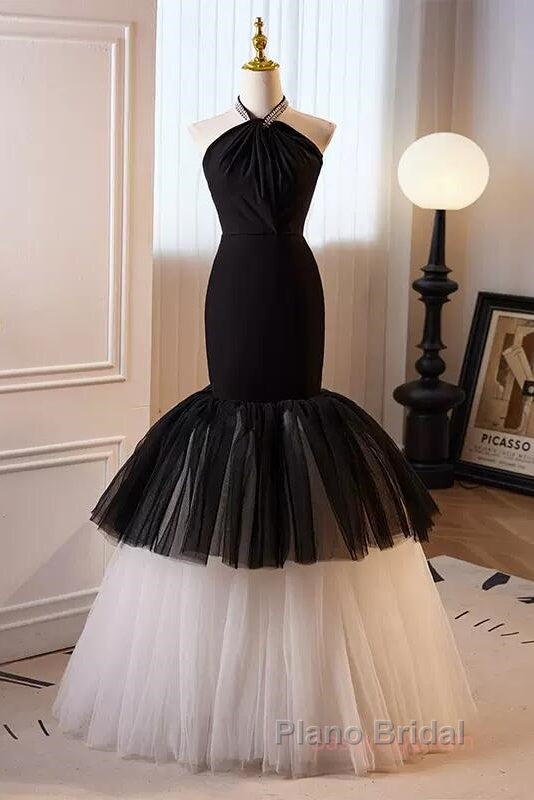 Beading Mermaid Black And White Halter Tulle Formal Prom Dresses
