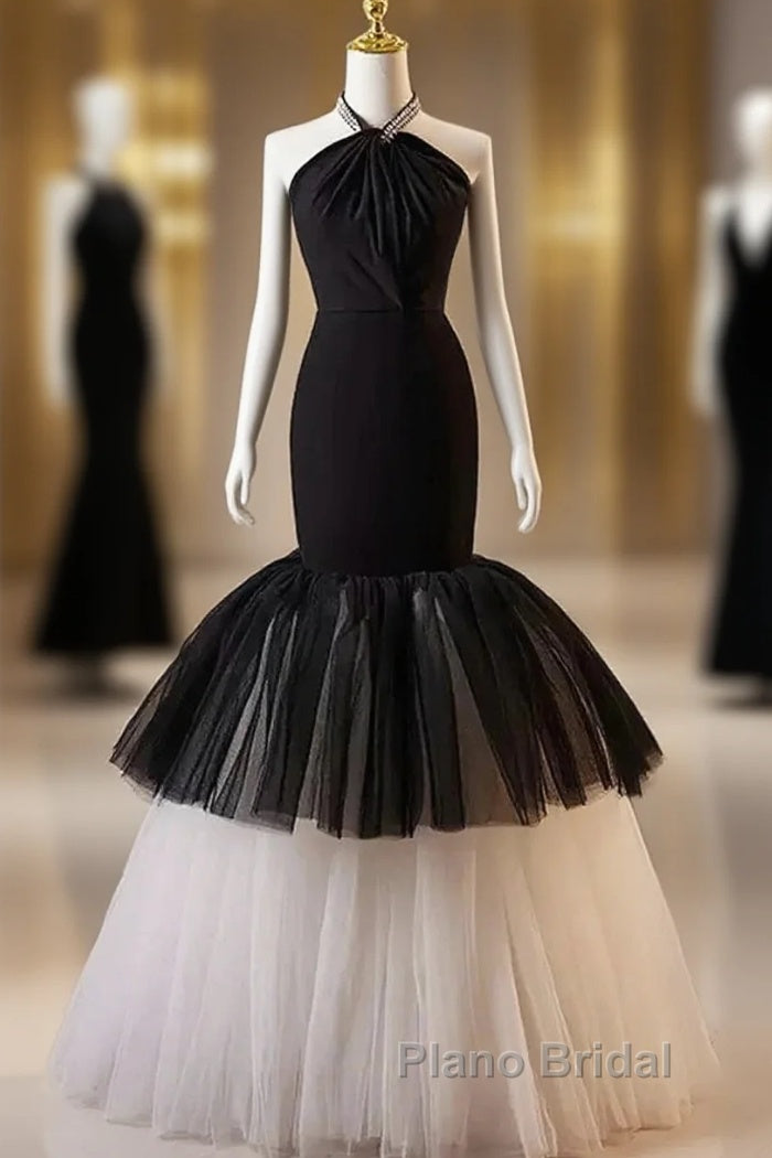 Beading Mermaid Black And White Halter Tulle Formal Prom Dresses Main image