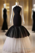 Beading Mermaid Black And White Halter Tulle Formal Prom Dresses