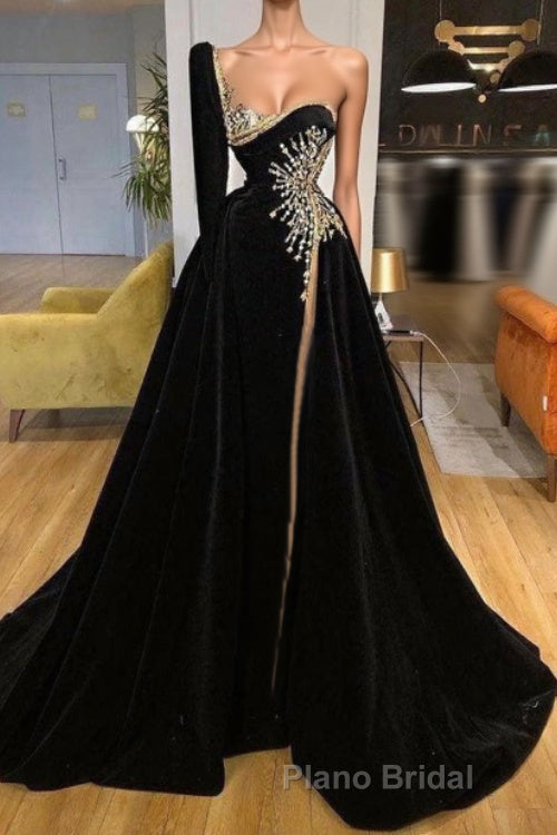 Beading Sweetheart A-line Black Formal Prom Dress With One Sleeve