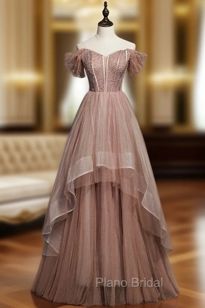 Bean Paste Color Tulle Off the Shoulder Beading Formal Prom Dresses