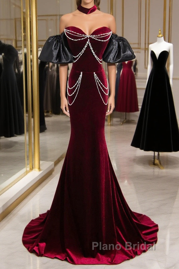 Beauiful Wine Red Off Shoulder Mermaid Long Formal Prom Dresses, Wine Red Party Dresses