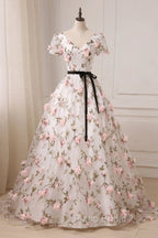 Beauitufl Floral V-Neck Lace Short Sleeve Flowers Long Formal Prom Dresses Floral Party Dresses Formal Prom Dresses shops