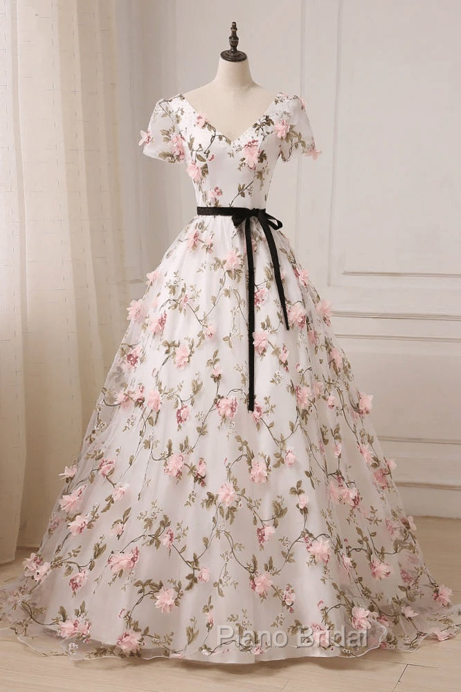 Beauitufl Floral V-Neck Lace Short Sleeve Flowers Long Formal Prom Dresses Floral Party Dresses Formal Prom Dresses shops