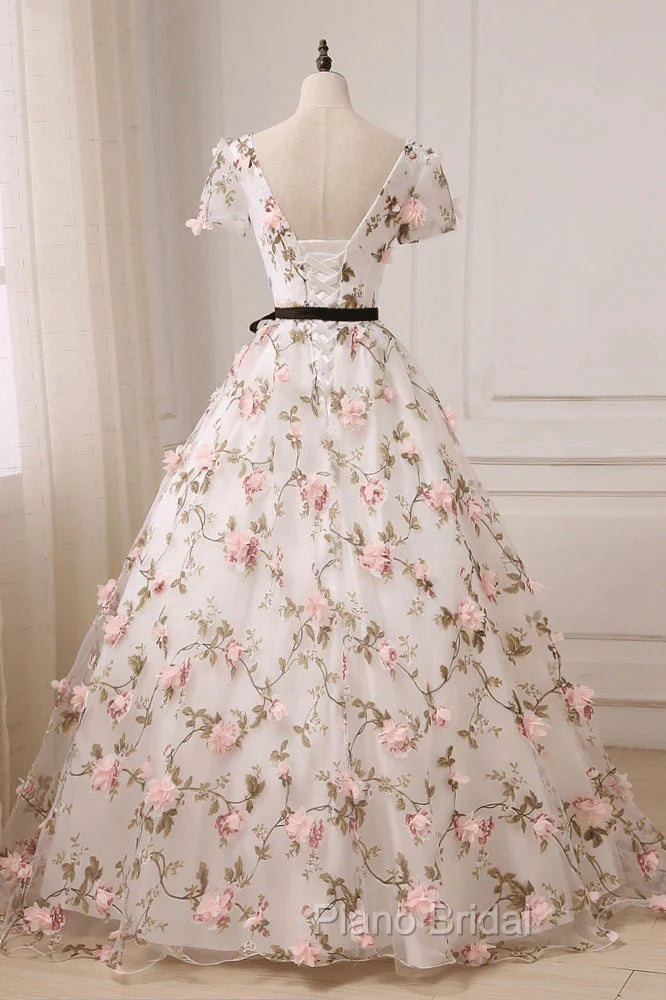 Beauitufl Floral V-Neck Lace Short Sleeve Flowers Long Formal Prom Dresses Floral Party Dresses Formal Prom Dresses shops