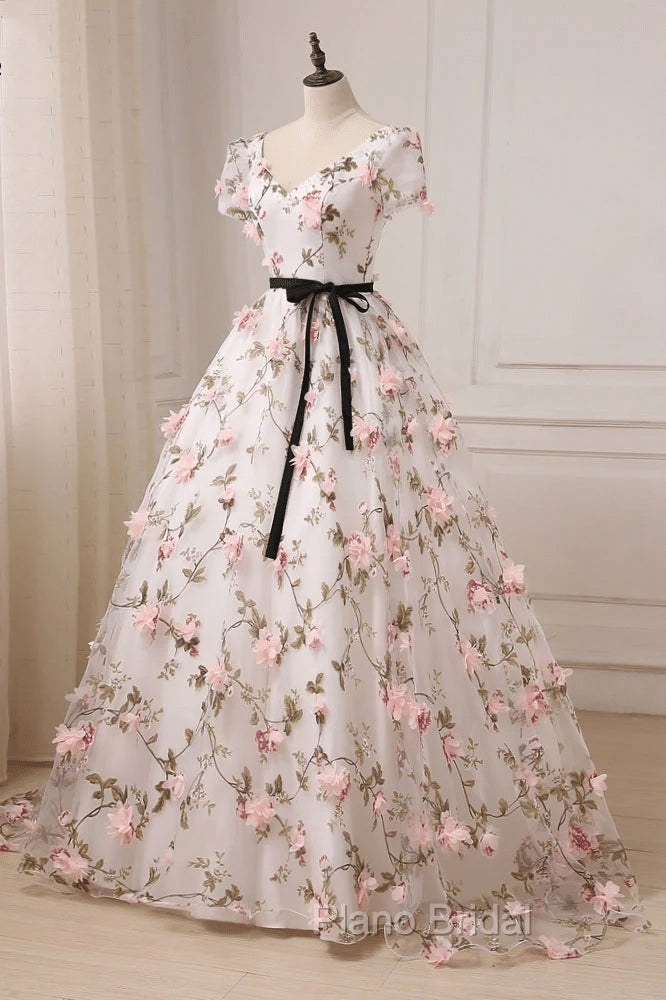 Beauitufl Floral V-Neck Lace Short Sleeve Flowers Long Formal Prom Dresses Floral Party Dresses Formal Prom Dresses shops