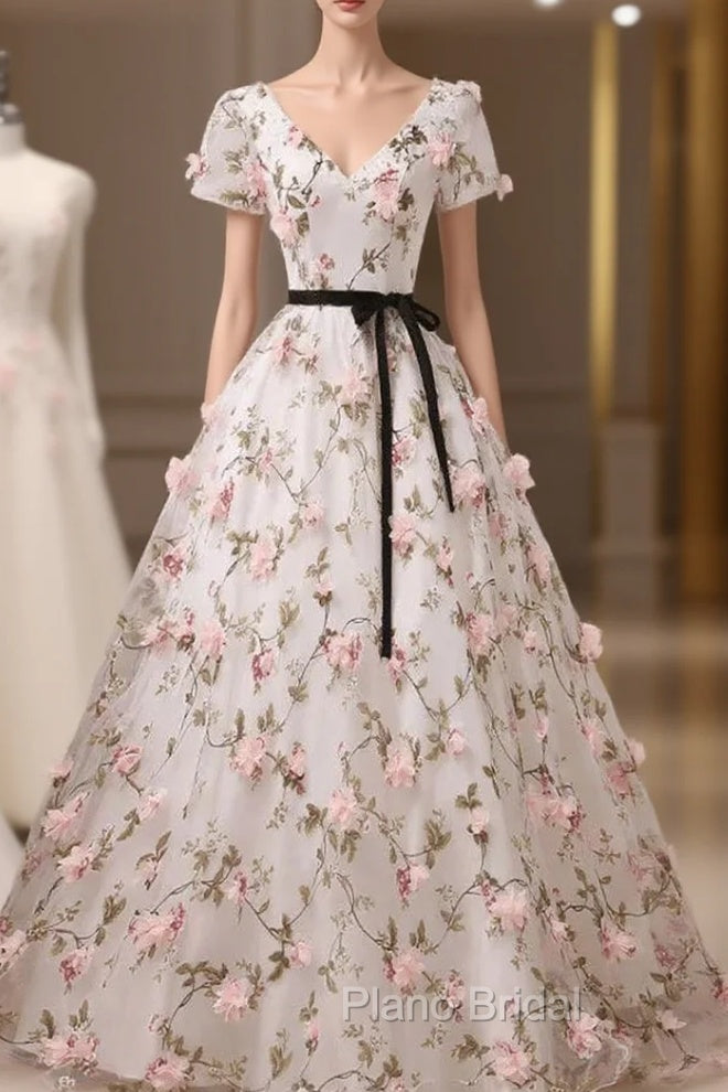 Beauitufl Floral V-Neck Lace Short Sleeve Flowers Long Formal Prom Dresses Floral Party Dresses Formal Prom Dresses shops Main image