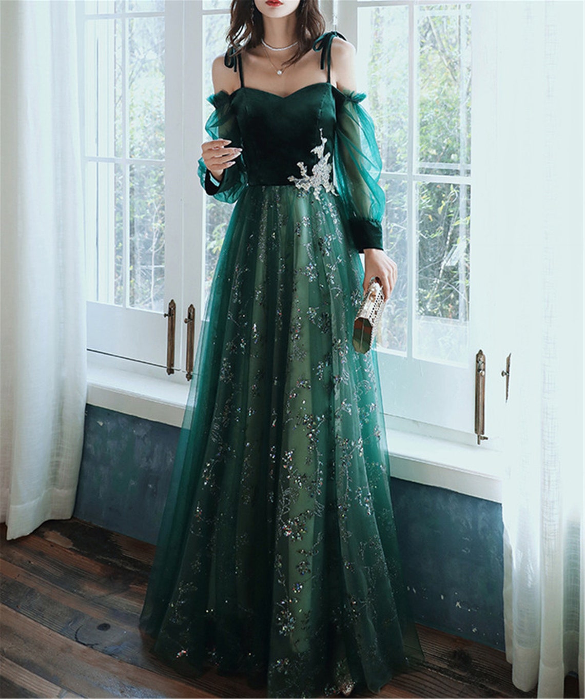 Beautful Dark Green Tulle Stunning Sequin Bridal Dresses, Spaghetti Strap Formal Prom Dresses Wedding Party Dresses Secondary image