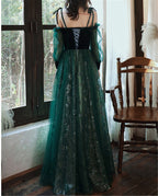 Beautful Dark Green Tulle Stunning Sequin Bridal Dresses, Spaghetti Strap Formal Prom Dresses Wedding Party Dresses