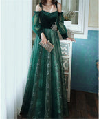 Beautful Dark Green Tulle Stunning Sequin Bridal Dresses, Spaghetti Strap Formal Prom Dresses Wedding Party Dresses