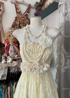 Beautiful A-Line Light Yellow Lace Strapless Formal Prom Dresses Cute Birthday Party Dresses