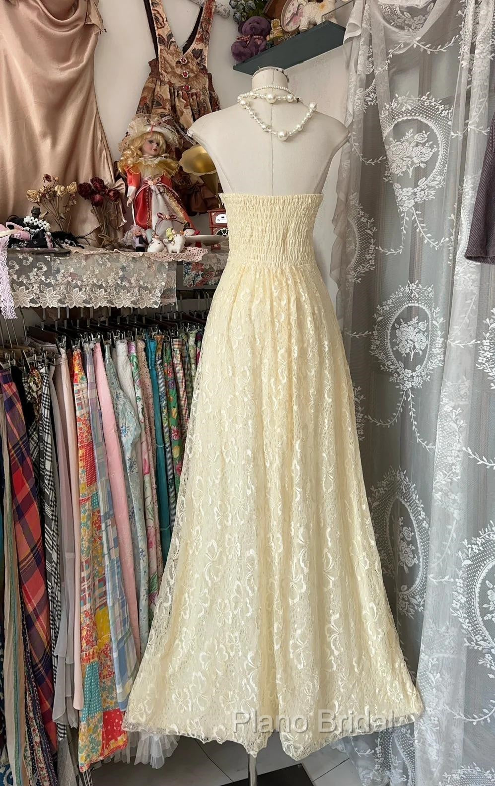 Beautiful A-Line Light Yellow Lace Strapless Formal Prom Dresses Cute Birthday Party Dresses