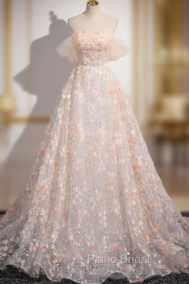 Beautiful A-Line Off Shoulder Flowers Lace Formal Dresses, Long Formal Prom Dresses Main image