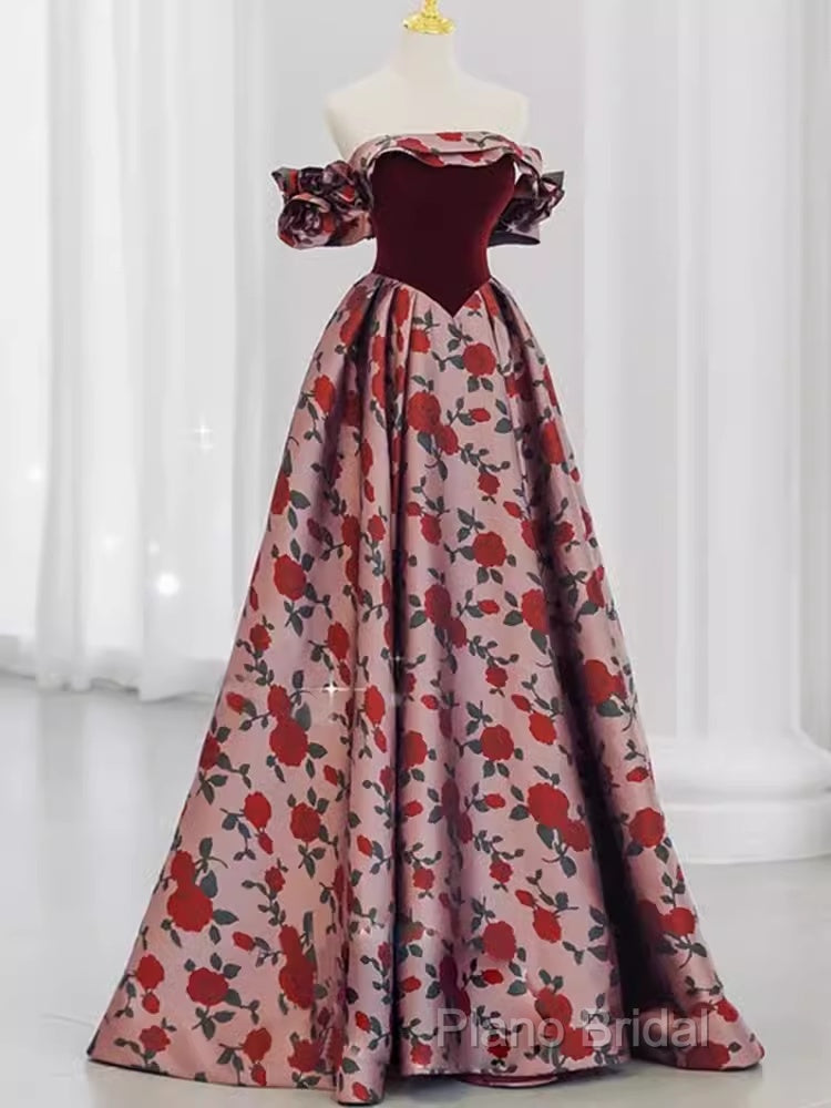 Beautiful A Line Off The Shoulder Long Floral Formal Prom Dresses Secondary image
