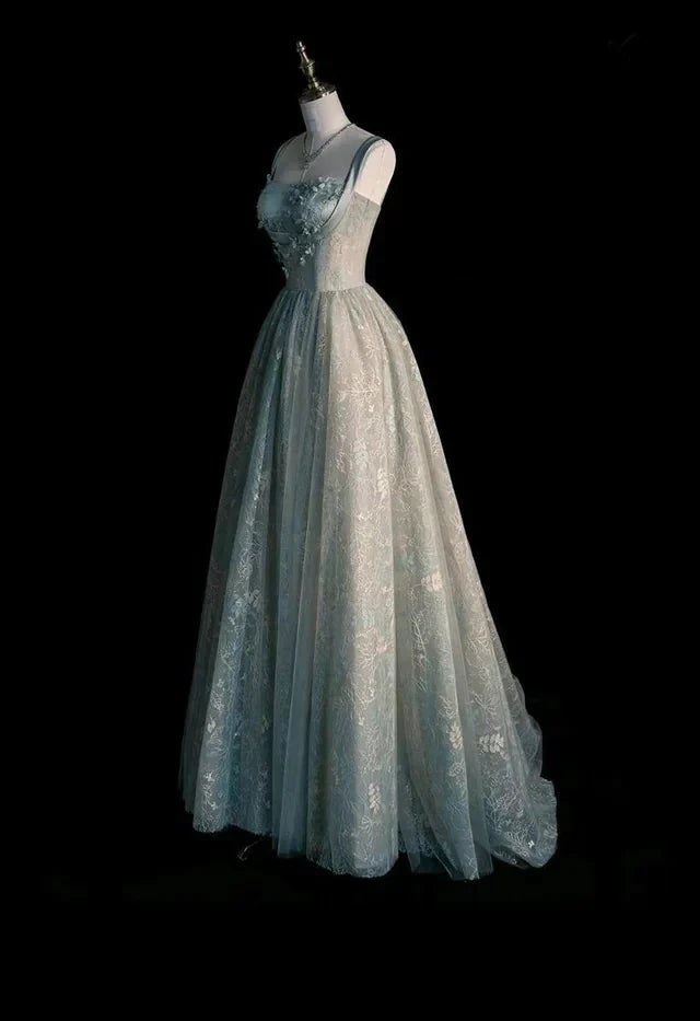 Beautiful A Line Sage Green Long Tulle Formal Prom Dresses