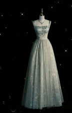 Beautiful A Line Sage Green Long Tulle Formal Prom Dresses