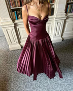 Beautiful A Line Spaghetti Straps Burgundy Long Satin Party Dresses Formal Prom Dresses