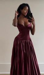 Beautiful A Line Spaghetti Straps Burgundy Long Satin Party Dresses Formal Prom Dresses