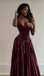 Beautiful A Line Spaghetti Straps Burgundy Long Satin Party Dresses Formal Prom Dresses