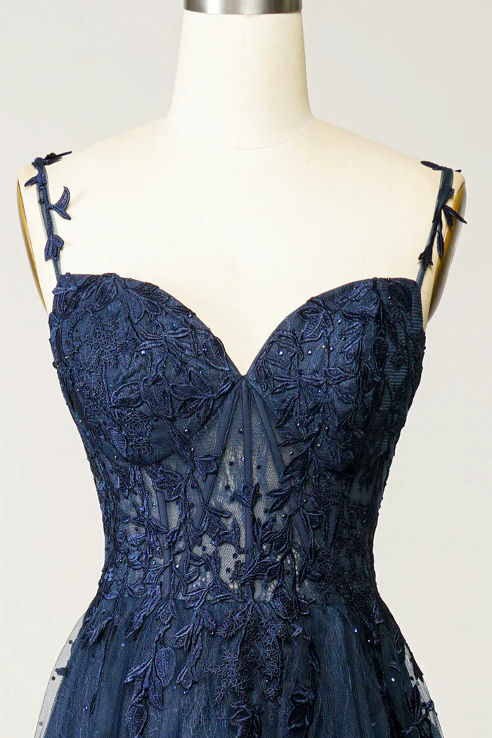 Beautiful A line Spaghetti Straps Navy Blue Lace Prom Dresses Formal Dress