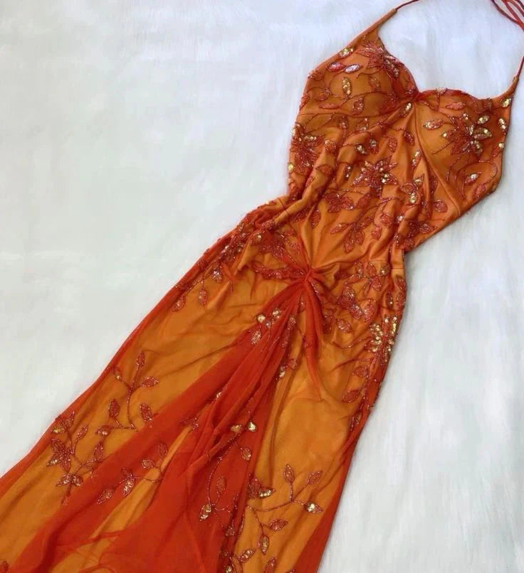Beautiful A Line Spaghetti Straps Orange Chiffon Formal Prom Dresses With Beads Secondary image