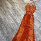 Beautiful A Line Spaghetti Straps Orange Chiffon Formal Prom Dresses With Beads