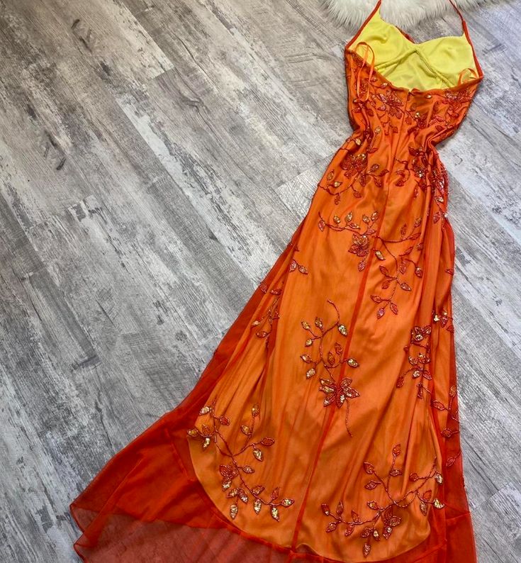 Beautiful A Line Spaghetti Straps Orange Chiffon Formal Prom Dresses With Beads