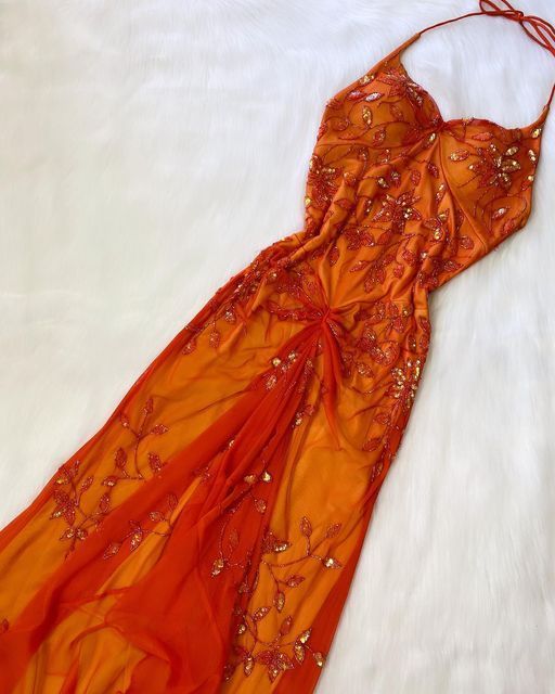 Beautiful A Line Spaghetti Straps Orange Chiffon Formal Prom Dresses With Beads
