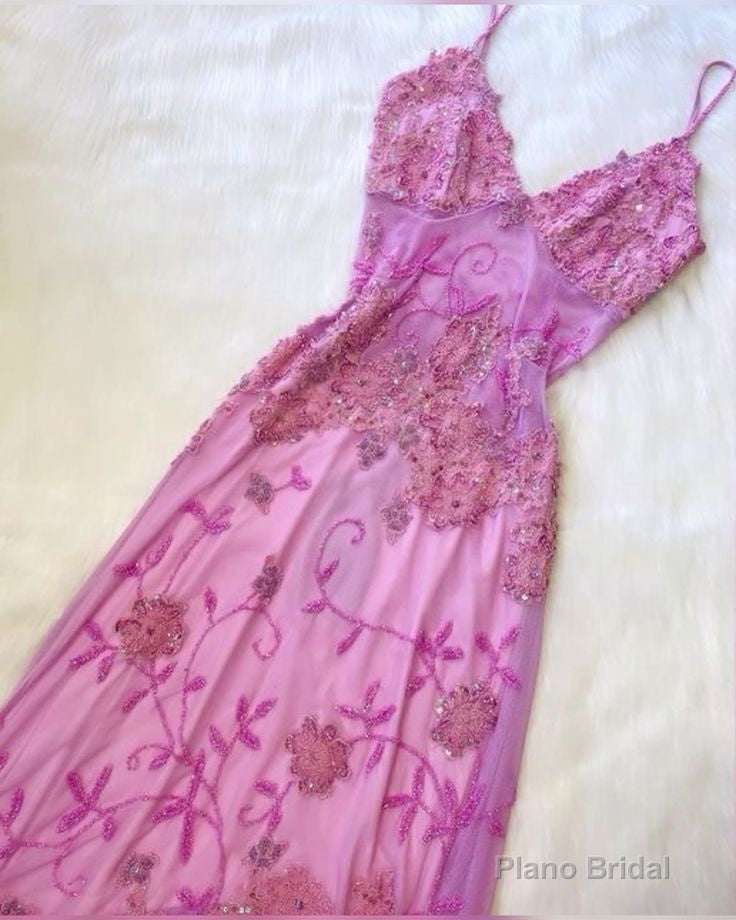 Beautiful A Line Spaghetti Straps Pink Long Prom Dresses Backless Tulle Evening Gowns Secondary image