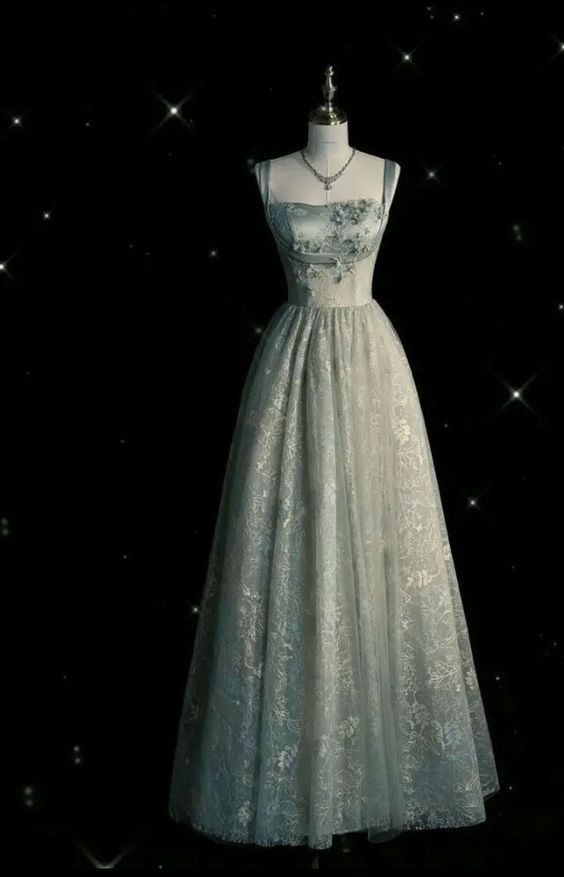 Beautiful A Line Straps Sage Green Long Tulle Formal Prom Dresses Main image