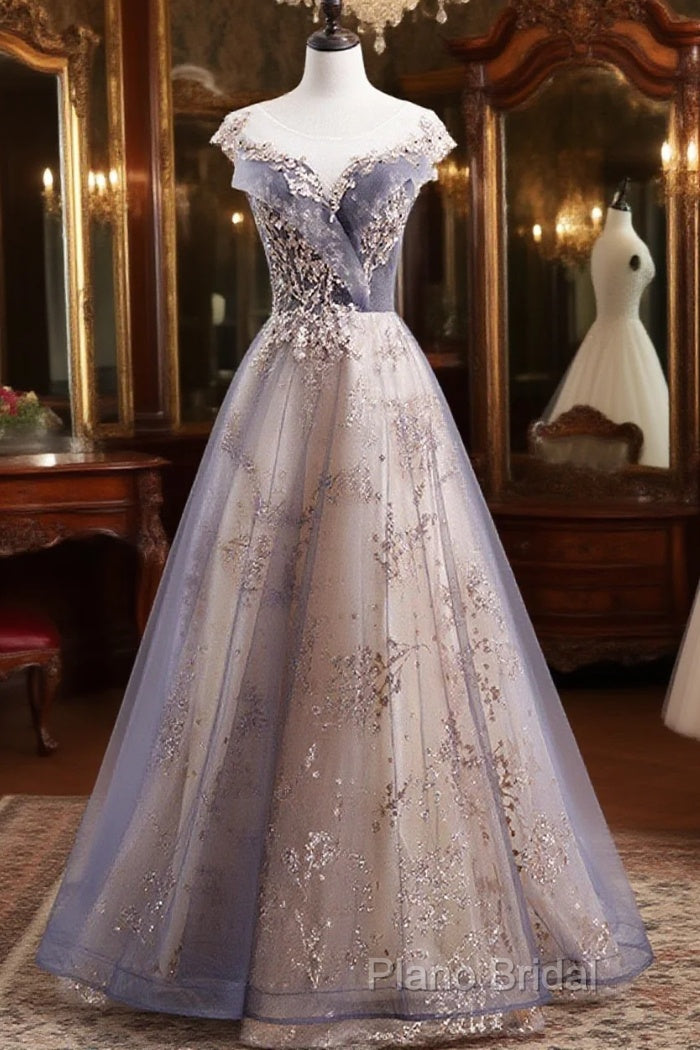 Beautiful A-Line Tulle With Lace Applique Party Dresses, Tulle Long Formal Prom Dresses Main image