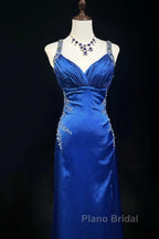 Beautiful Backless Beaded Satin Sheath Royal Blue Long Formal Prom Dresses Formal Evening Gown