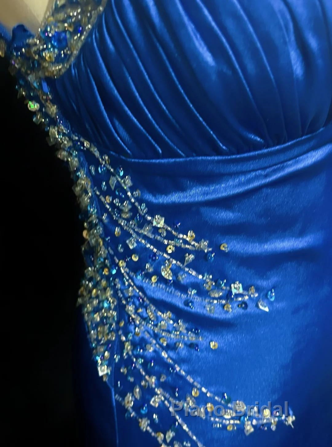Beautiful Backless Beaded Satin Sheath Royal Blue Long Formal Prom Dresses Formal Evening Gown