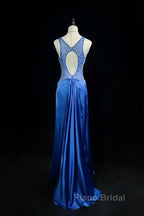 Beautiful Backless Beaded Satin Sheath Royal Blue Long Formal Prom Dresses Formal Evening Gown
