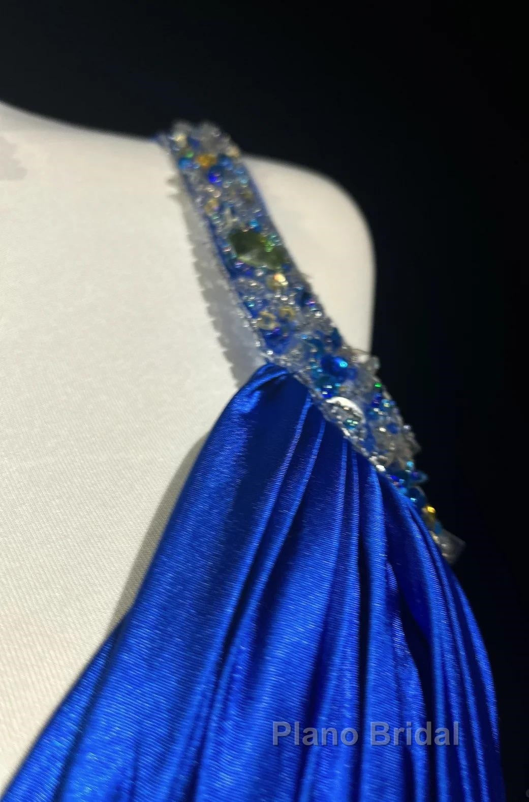 Beautiful Backless Beaded Satin Sheath Royal Blue Long Formal Prom Dresses Formal Evening Gown