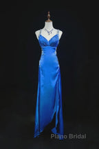 Beautiful Backless Beaded Satin Sheath Royal Blue Long Formal Prom Dresses Formal Evening Gown