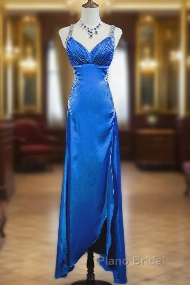 Beautiful Backless Beaded Satin Sheath Royal Blue Long Formal Prom Dresses Formal Evening Gown