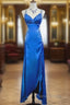 Beautiful Backless Beaded Satin Sheath Royal Blue Long Formal Prom Dresses Formal Evening Gown